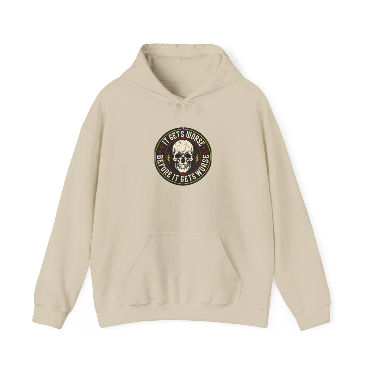 Skull Patch Hoodie — "It Gets Worse Before It Gets Worse" Graphic Hoodie