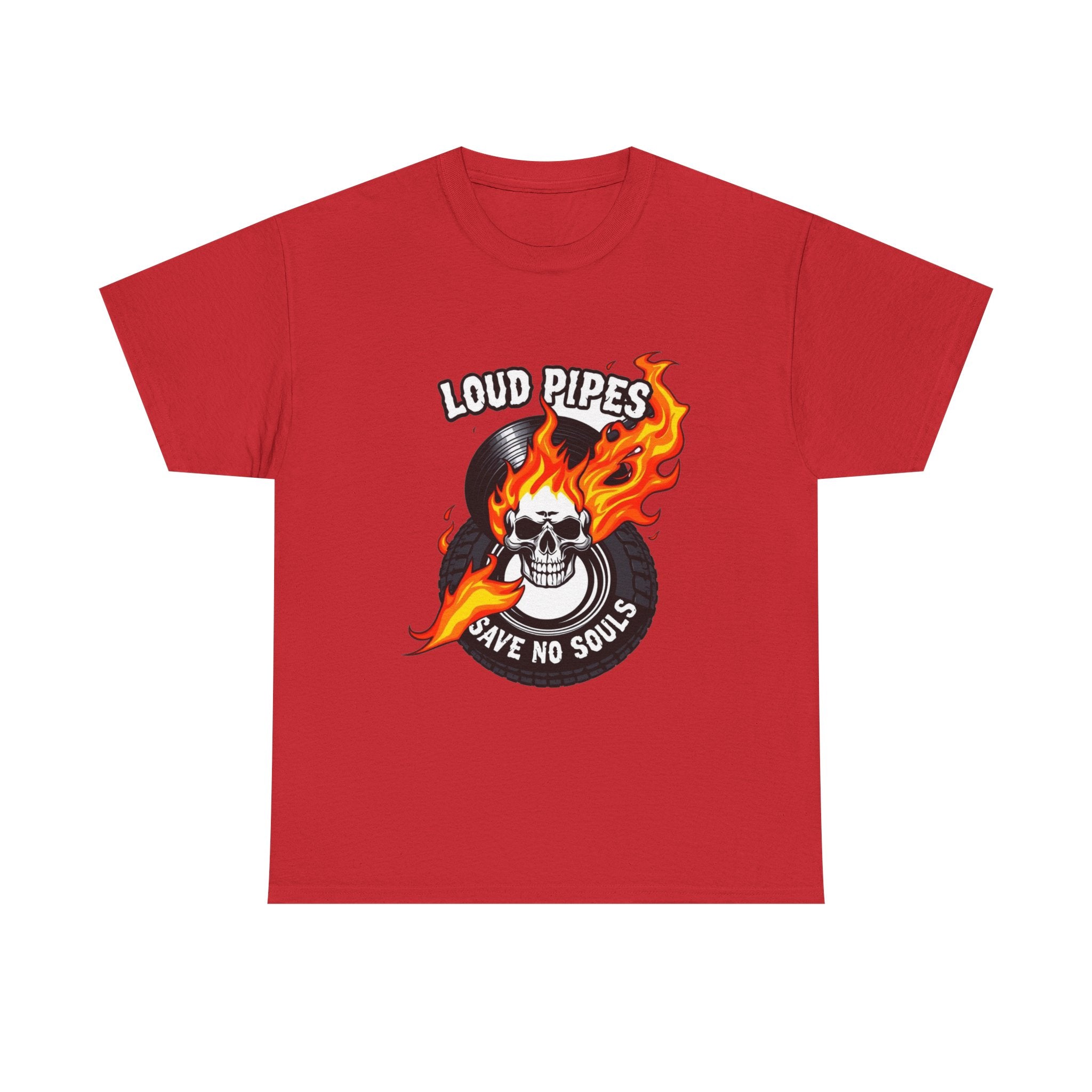 Loud Pipes Save No Souls Graphic Tee — Flaming Skull Vinyl Shirt