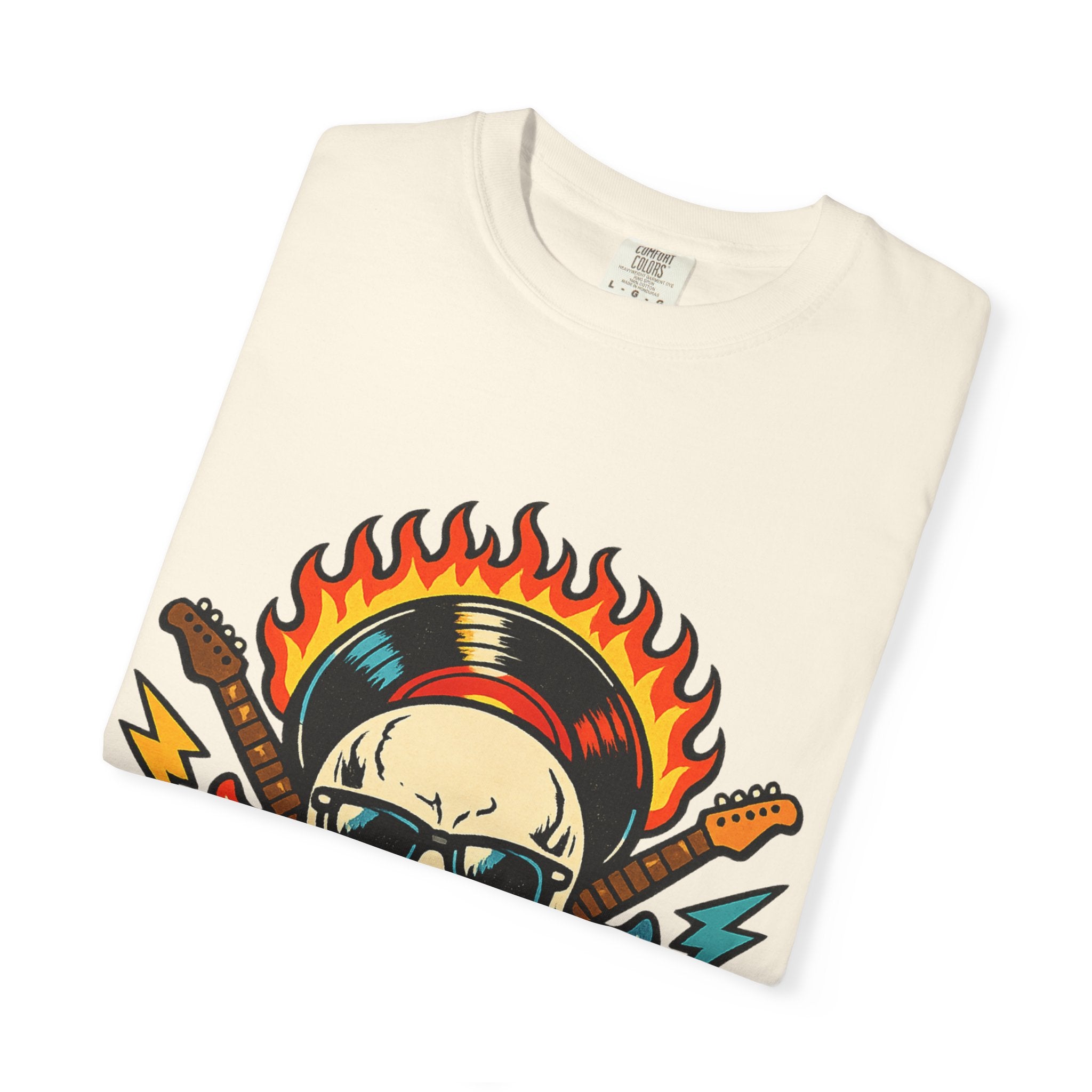 Rock Skull Graphic T-Shirt — Flaming Skull, Guitars & Dice Tattoo Art