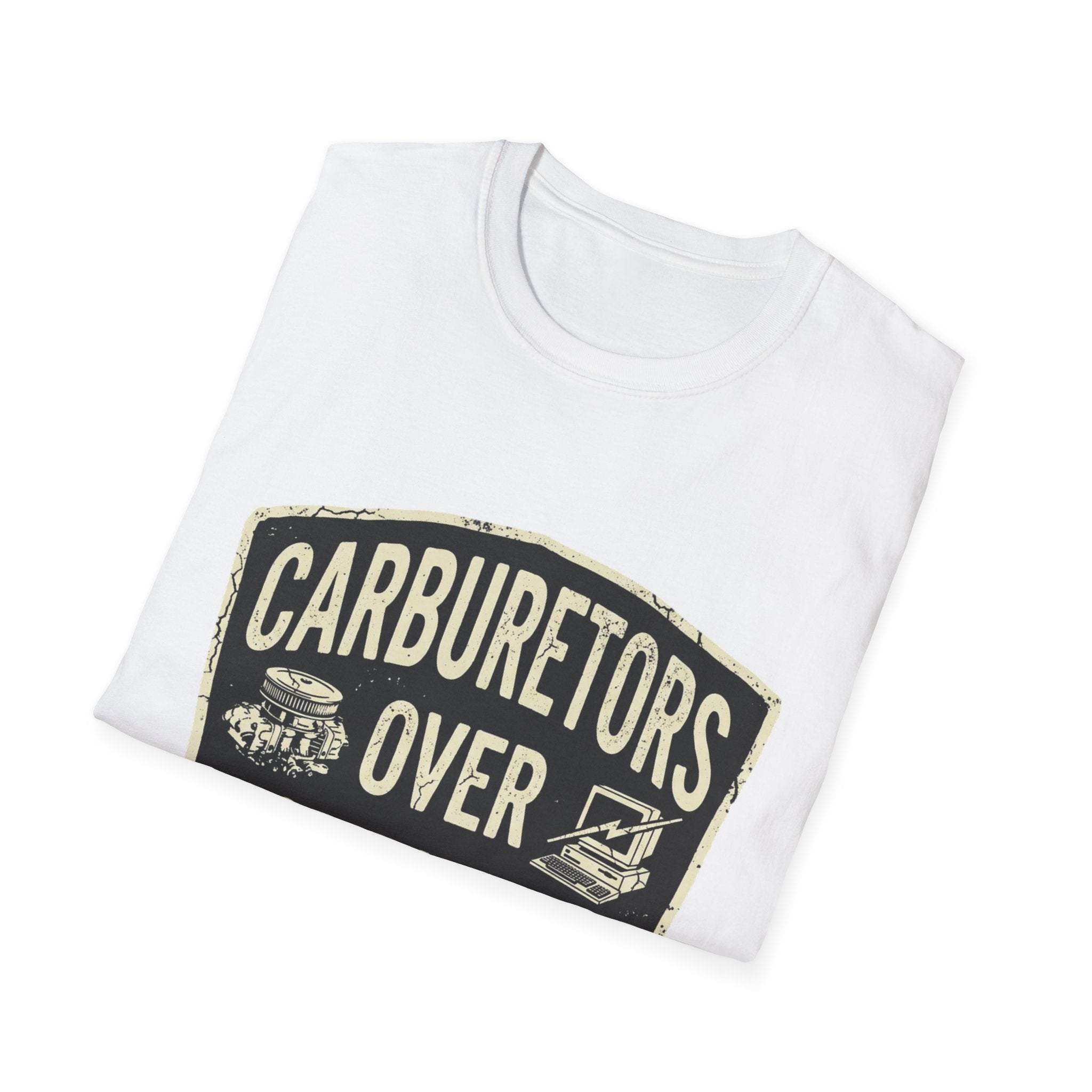 Carburetors Over Computers T-Shirt — Vintage Mechanic Pride Tee