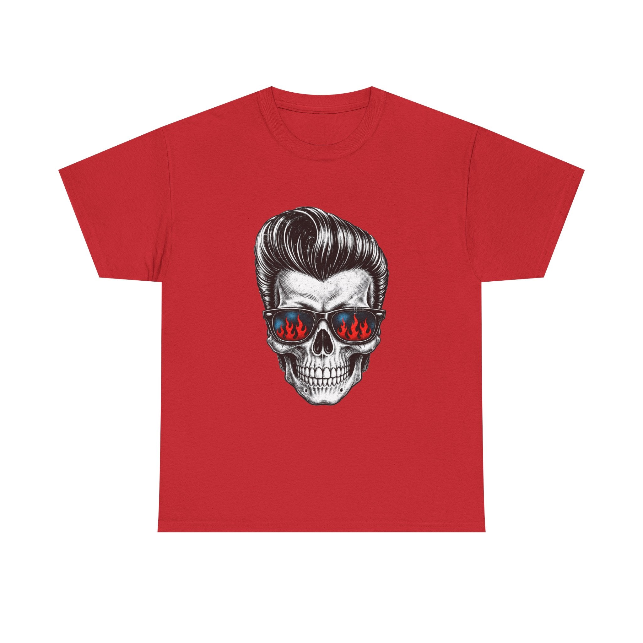 Skull Sunglasses Tee — Retro Pompadour Skull with Flaming Shades Graphic T-Shirt
