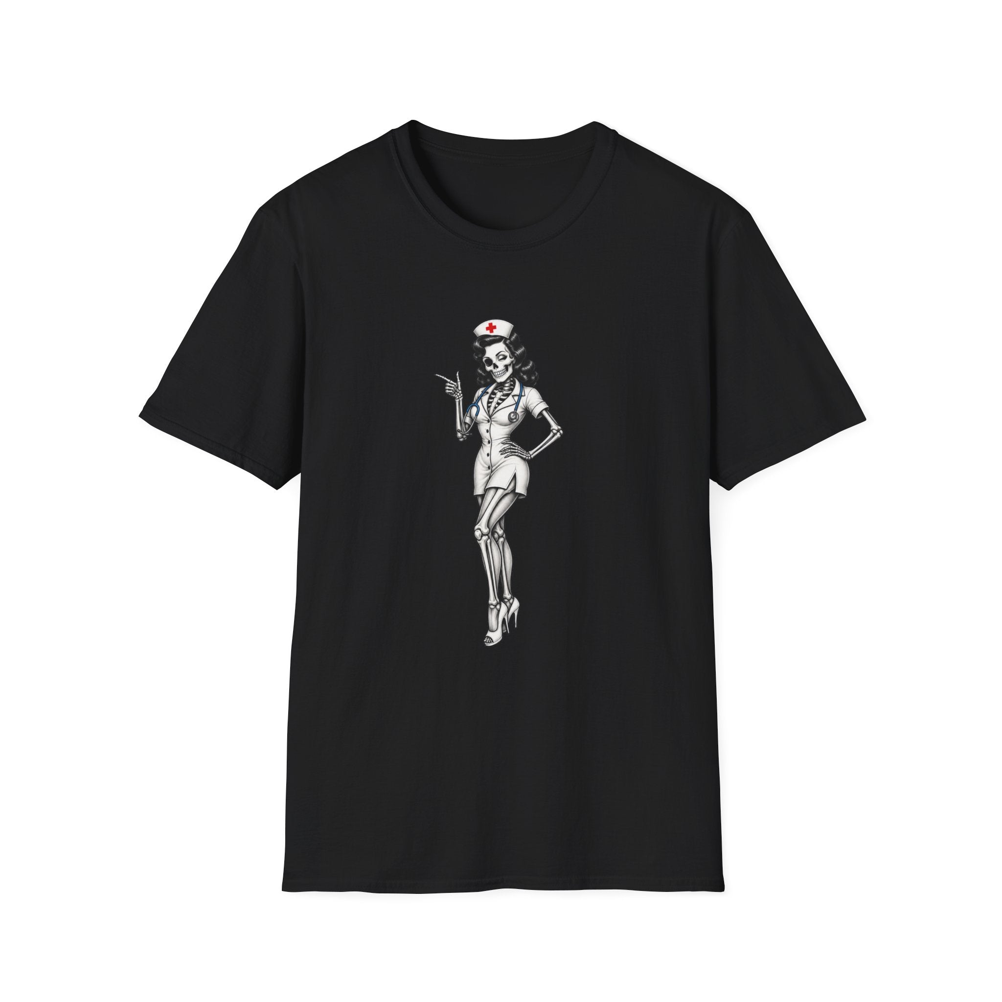 Vintage Pinup Nurse T-Shirt — Retro Skeleton Nurse Graphic Tee