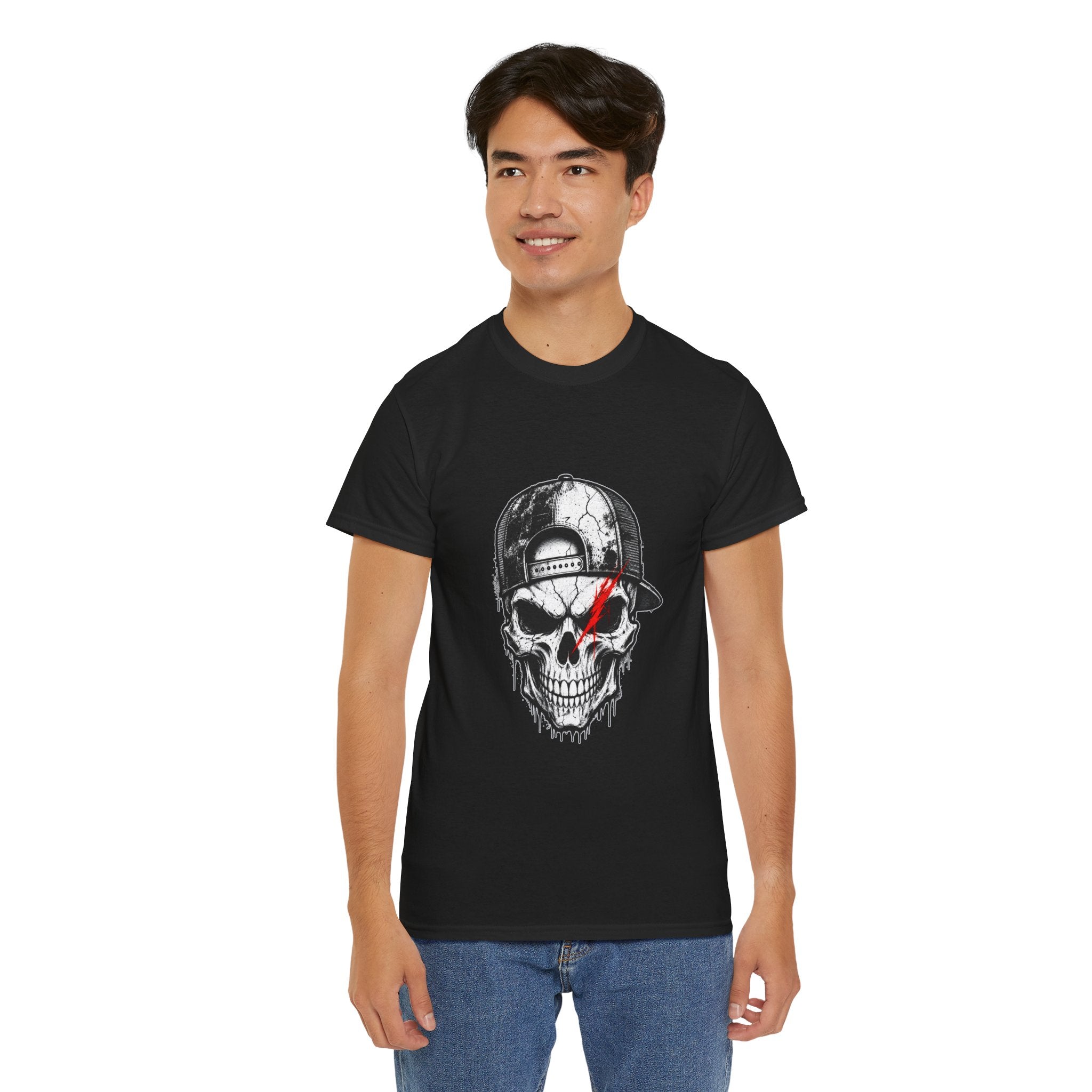 Skull Cap T-Shirt — Grunge Skull with Red Eye Slash Graphic