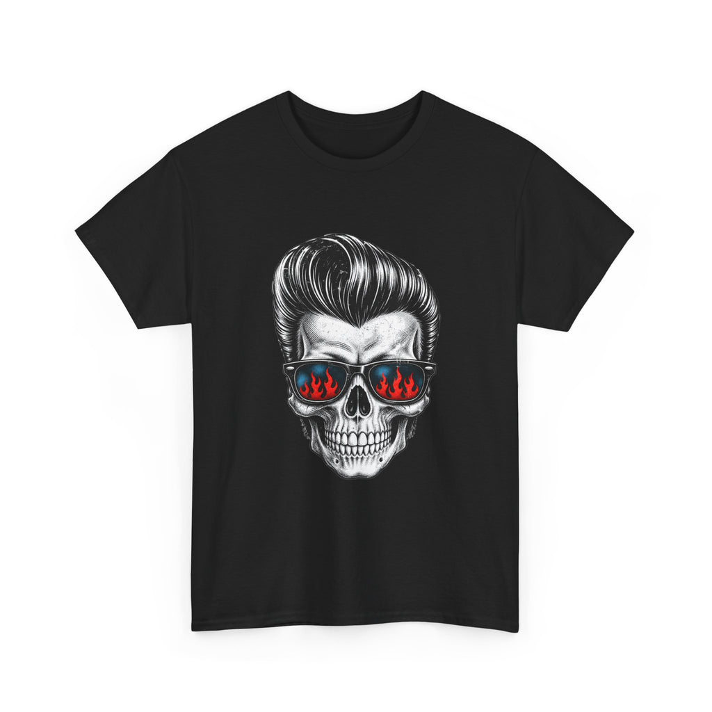Skull Sunglasses Tee — Retro Pompadour Skull with Flaming Shades Graphic T-Shirt