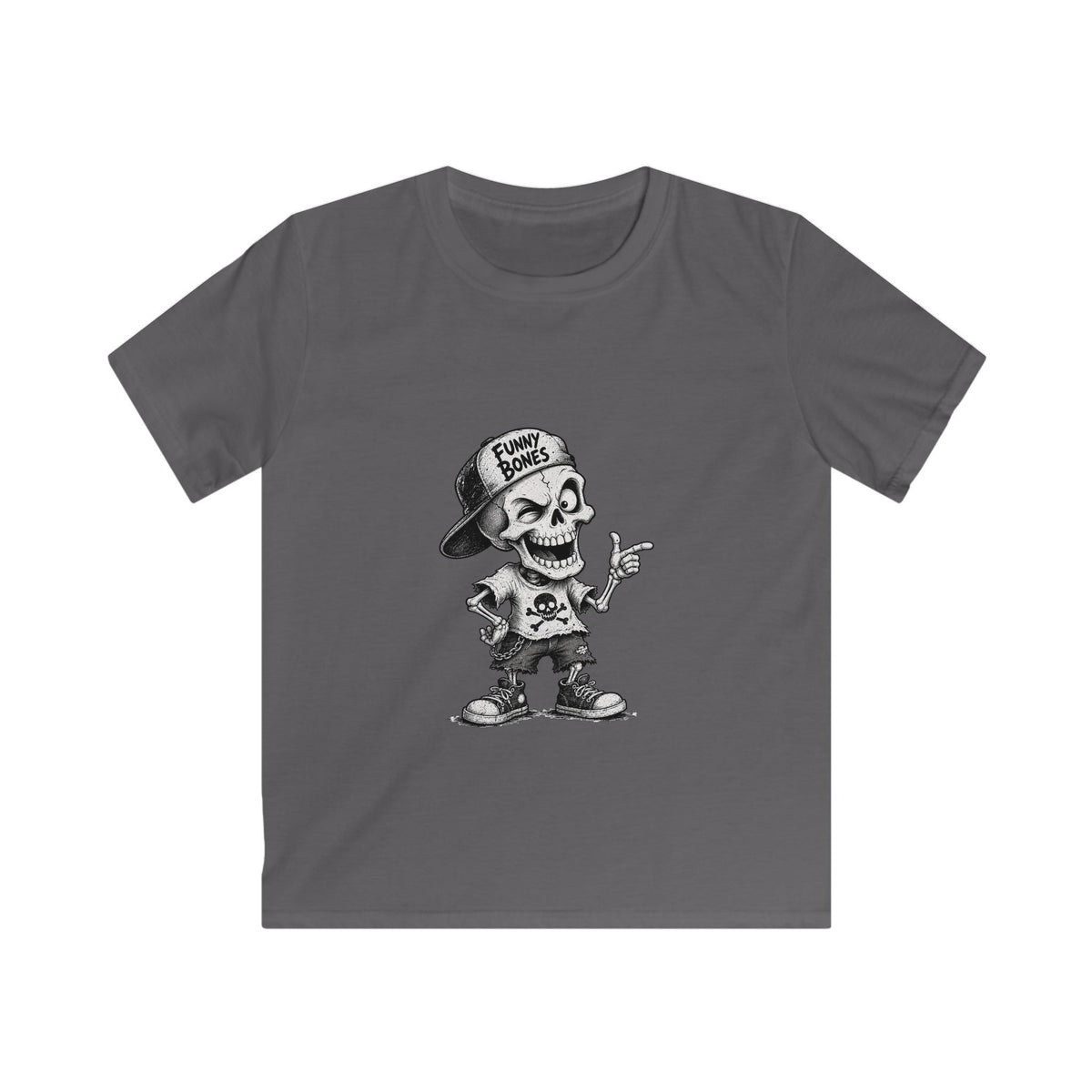 Kids T‑Shirt — Skateboard Skeleton Graphic "Funny Bones"