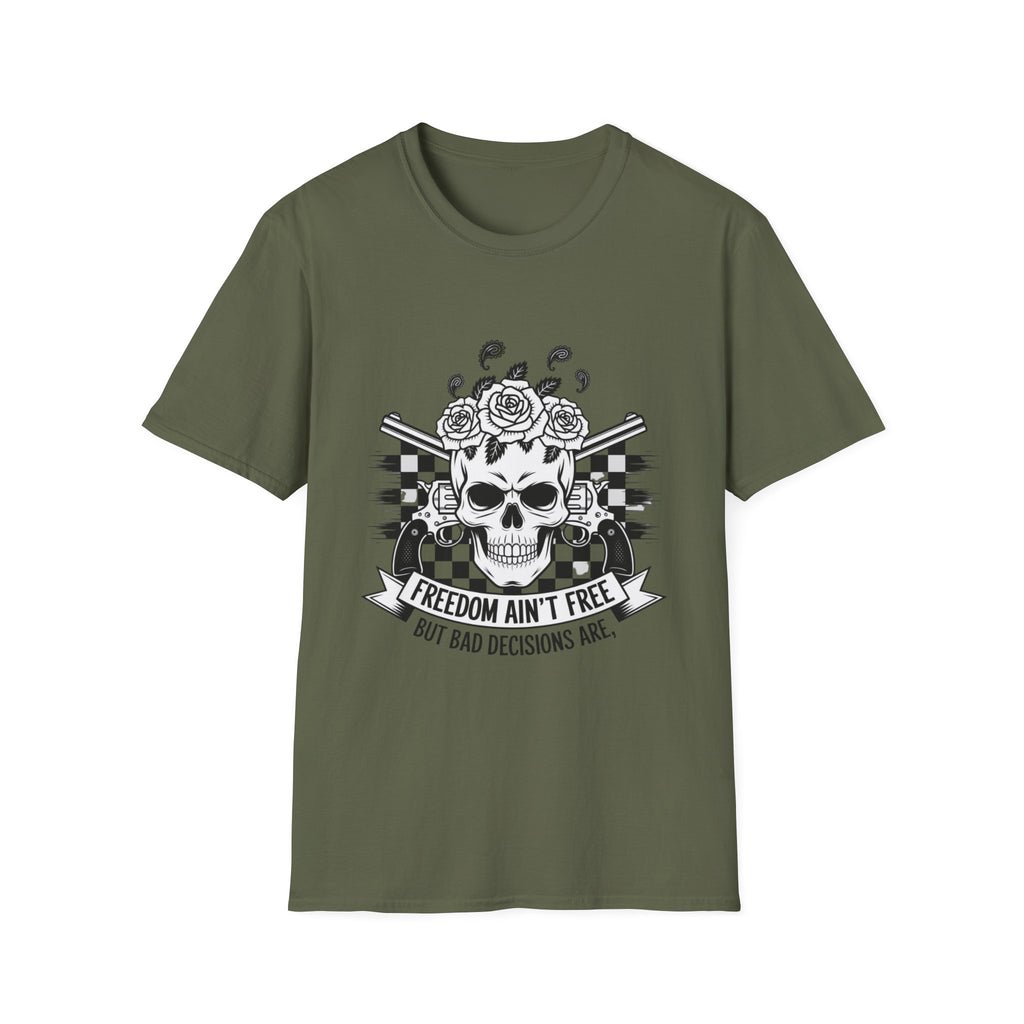 Skull & Roses T‑Shirt — “Freedom Ain’t Free” Racing Flag Graphic