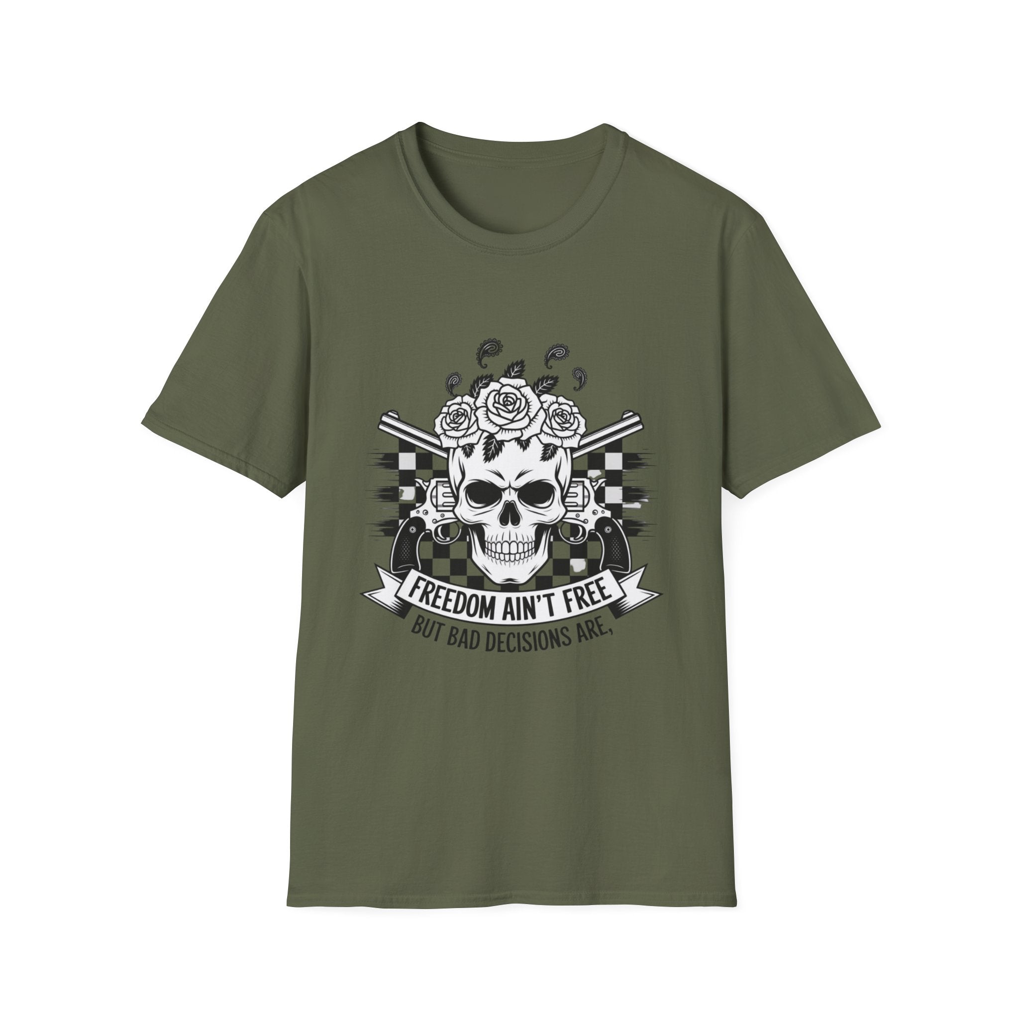 Skull & Roses T‑Shirt — “Freedom Ain’t Free” Racing Flag Graphic