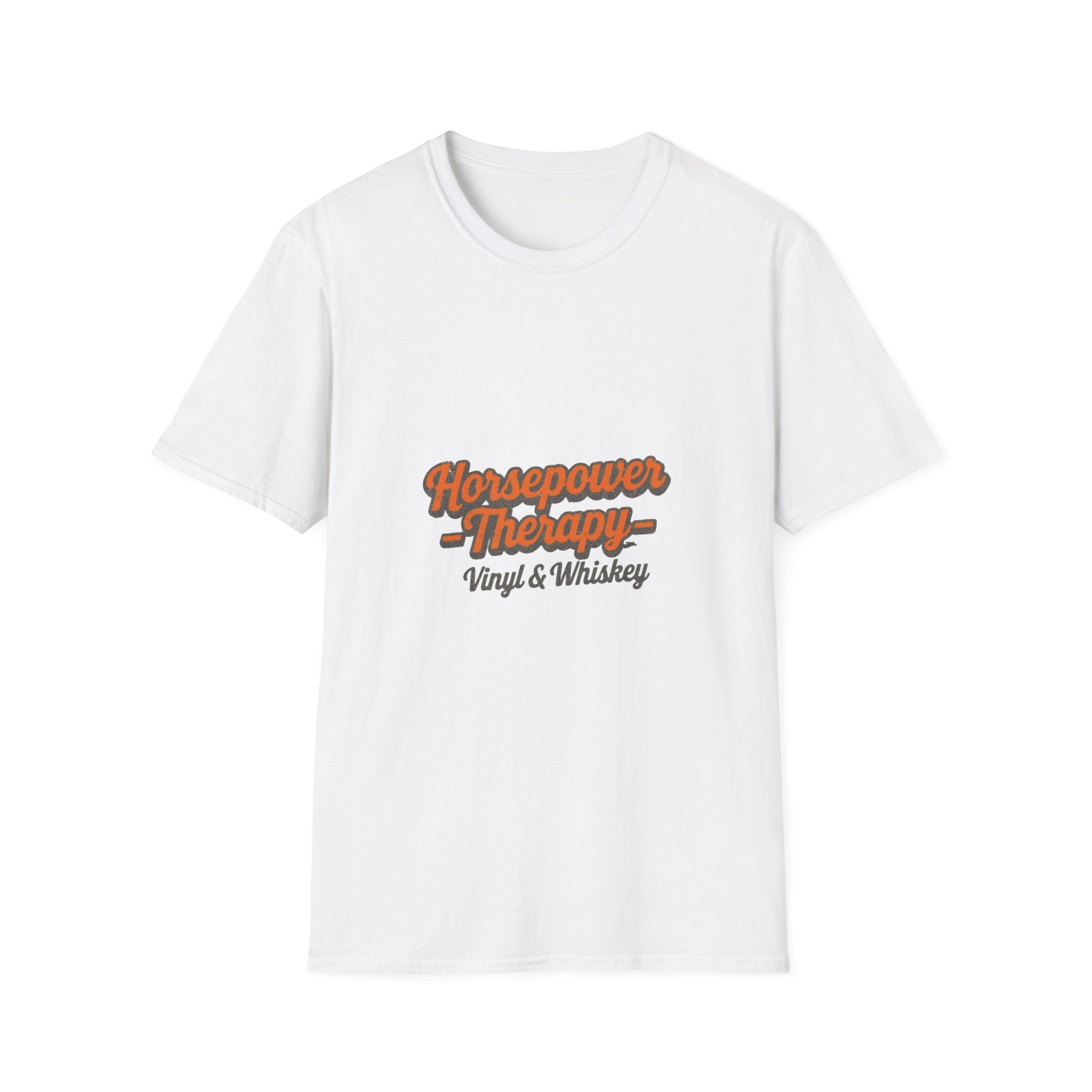 Horsepower Therapy T-Shirt — "Horsepower Therapy: Vinyl & Whiskey" Retro Automotive Tee