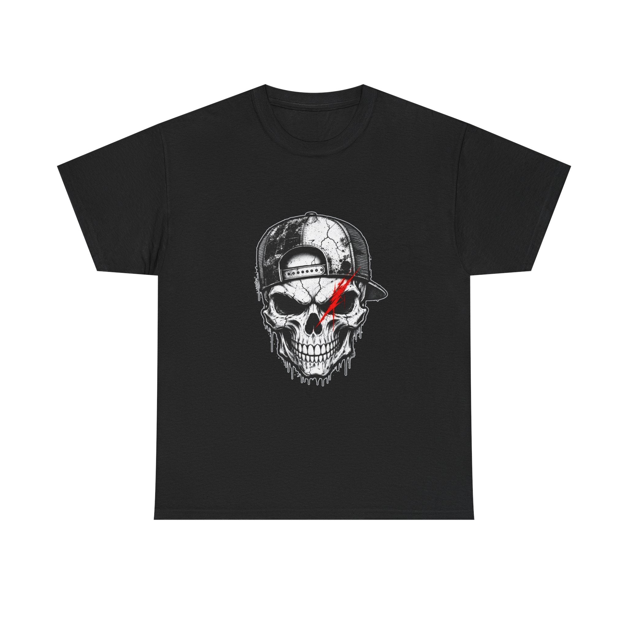 Skull Cap T-Shirt — Grunge Skull with Red Eye Slash Graphic