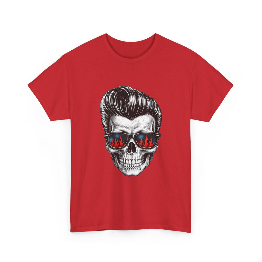 Skull Sunglasses Tee — Retro Pompadour Skull with Flaming Shades Graphic T-Shirt