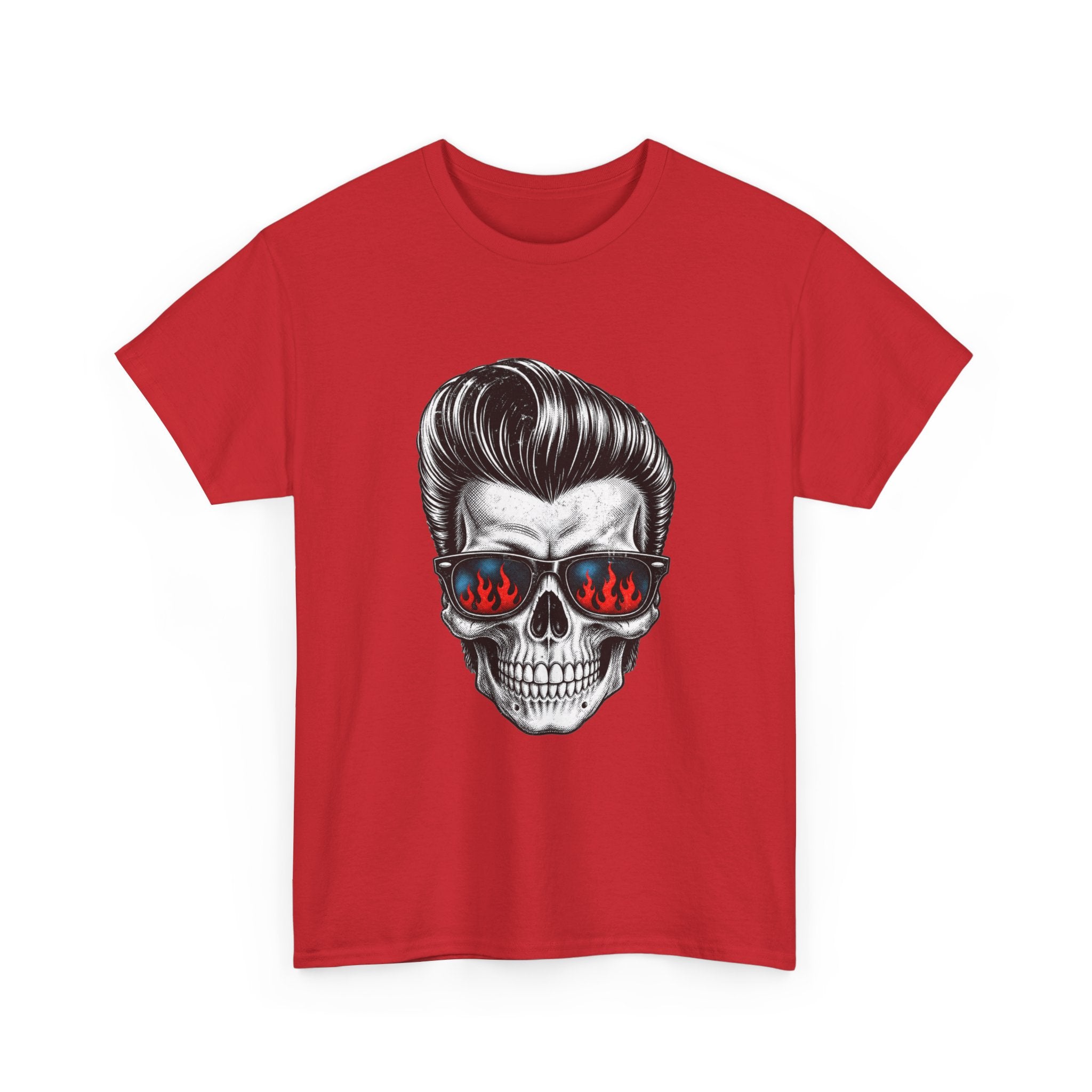 Skull Sunglasses Tee — Retro Pompadour Skull with Flaming Shades Graphic T-Shirt