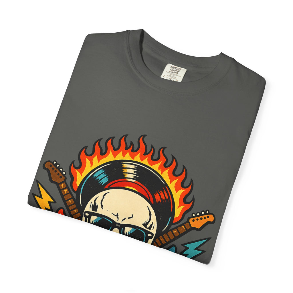 Rock Skull Graphic T-Shirt — Flaming Skull, Guitars & Dice Tattoo Art