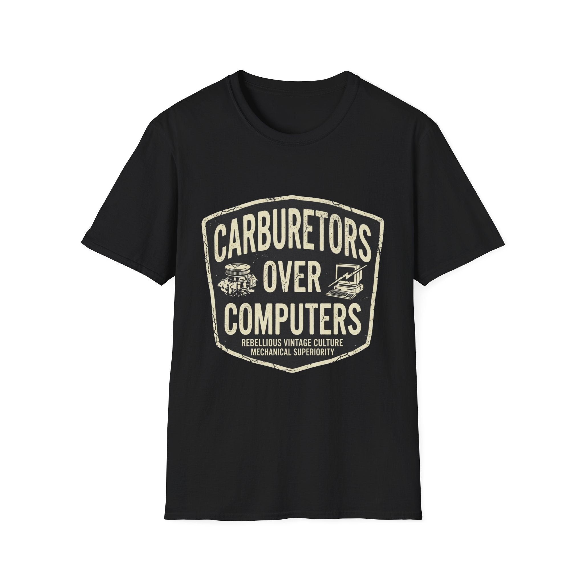 Carburetors Over Computers T-Shirt — Vintage Mechanic Pride Tee