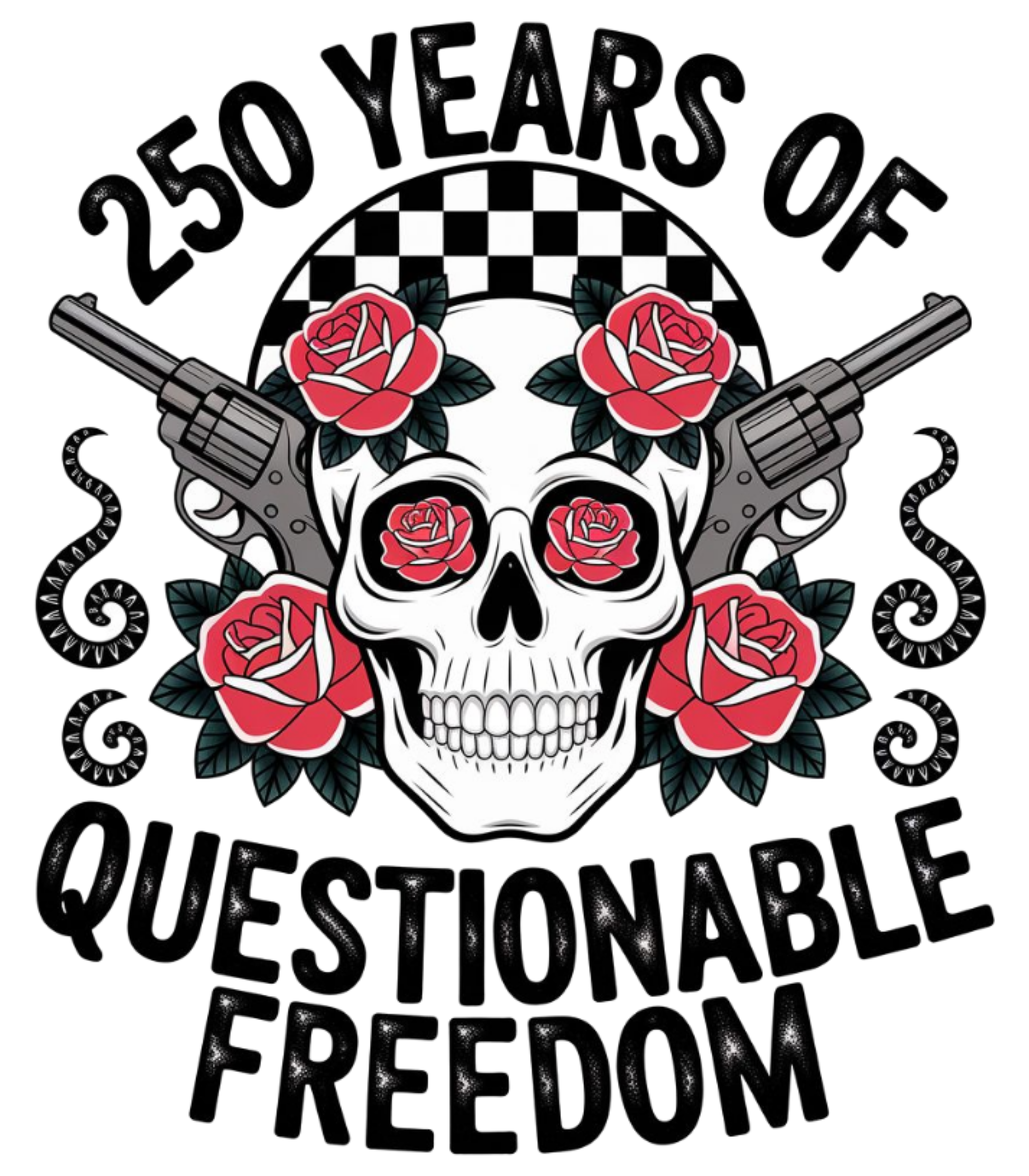 T-Shirt — “250 Years of Questionable Freedom” Skull & Roses Graphic
